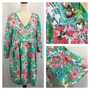 BOSTON PROPER Slit Sleeve Floral Print Pockets Sequin Embroidery Ruffle Dress